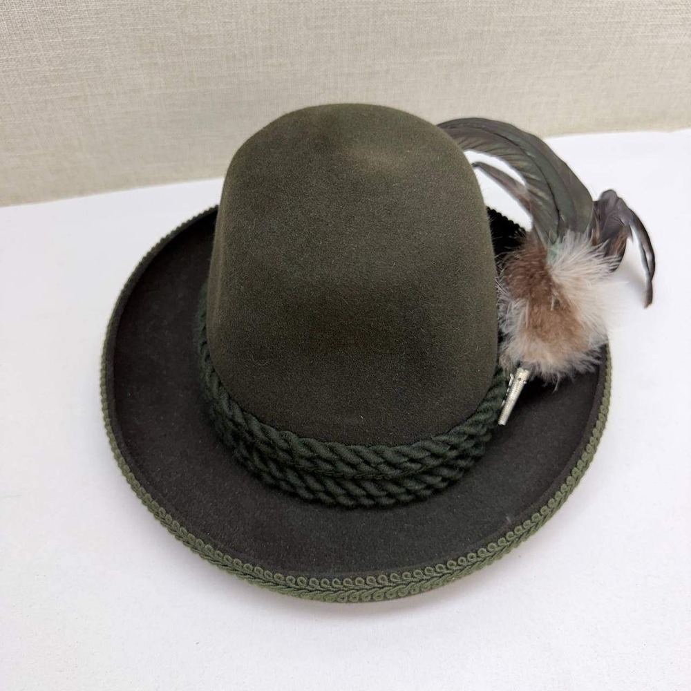 Original Ischler Hut Austrian Tyrolean Wool Felt Hat Olive Green Feather Pin